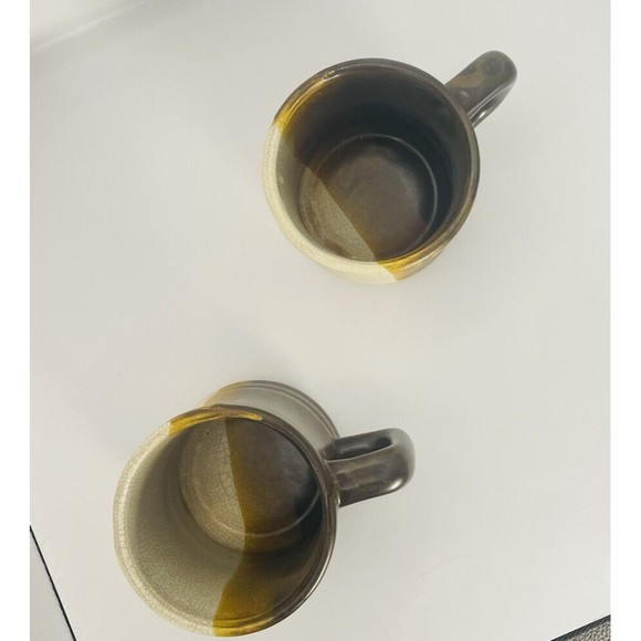 Vintage Stoneware Set of 2 Coffee Mugs Dark Brown yellow Cream Striped Ombre - Picture 6 of 6